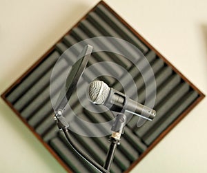 Microphone in recording studio for music, vocals, with pop filter.