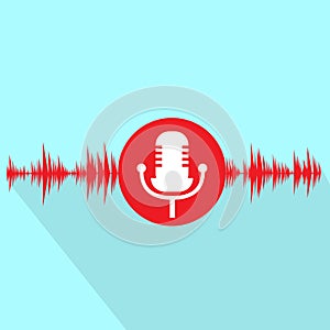 Microphone red icon with sound wave flat design