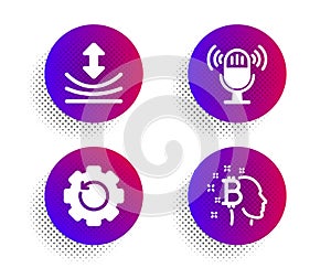 Microphone, Resilience and Recovery gear icons set. Bitcoin think sign. Mic, Elastic, Backup info. Vector