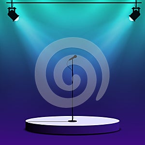 Microphone on round stage scene. Spotlights with light beams