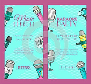 Microphone set of banners vector illustration. Live music concert. Karaoke party posters. Recording songs by singers