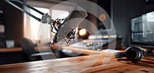 The microphone set in a modern audio recording studio environment. AI generated image