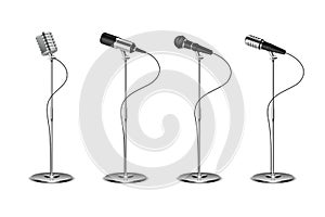 Microphone set. Standing microphones audio equipment. Concept and karaoke music mics vector isolated collection