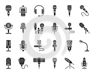 Microphone shape black silhouette icons vector set