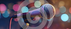 The microphone shines brightly against a vibrant bokeh backdrop..AI generated image