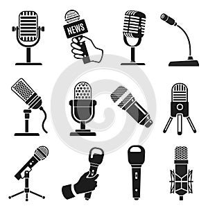 Microphone silhouette. Modern and old vintage mic icons. Music or podcast recording. Logo element for karaoke and radio broadcast