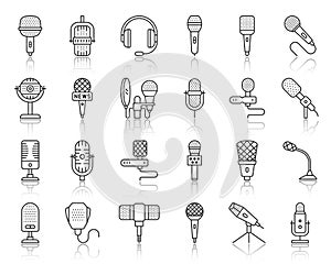 Microphone simple black line icons mic vector set