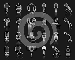 Microphone simple black line icons mic vector set