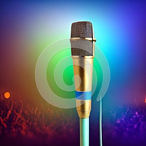 Microphone for singer music background with spot lighting. Concept Public speaking on stage with mic. Generation AI