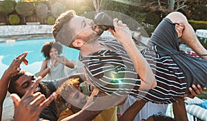 Microphone, singing and crowd surfing with a man performer at a party outdoor during summer. Concert, energy and