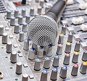 Microphone on sound mixing console
