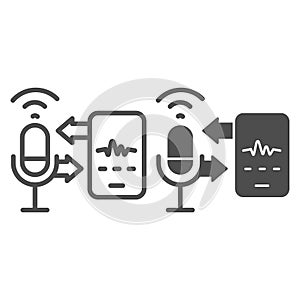 Microphone and sound recording with smartphone line and solid icon, smart home multimedia symbol, speech recognition