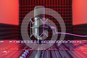 Microphone and sound wave on magenta studio background podcast concept