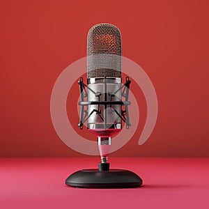 Microphone and sound wave on magenta studio background podcast concept