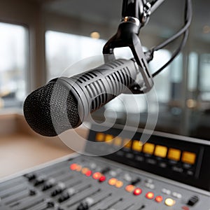 Microphone and soundboard in a radio studio setting.