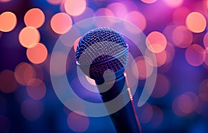 Microphone on stage against pastel bokeh background