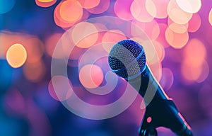 Microphone on stage against pastel bokeh background