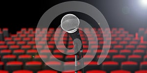 Microphone on the stage, blur theater seats background. 3d illustration