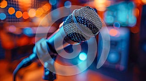 microphone on stage with bokeh background, close-up