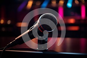 Microphone on stage with bokeh background. Music concept