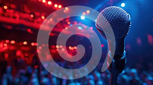 Microphone on stage, concert, crowd, red blue lights. Possible use music background photo
