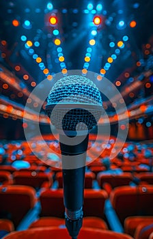 Microphone on stage in concert hall or theater waiting for the show.