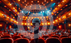 Microphone on stage in concert hall or theater waiting for speech