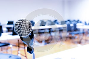 Microphone on stage of speech with copy space in computer classroom