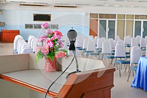 Microphone on stand Close up in conference room with copy space add text