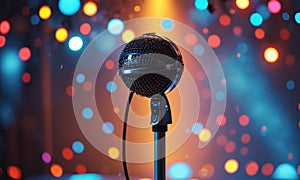 A microphone is on a stand in front of a colorful light show.