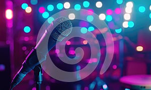 A microphone is on a stand in front of a drum set