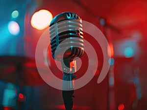 A microphone is on a stand in front of a drum set