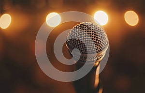 A microphone is on a stand in front of an empty auditorium