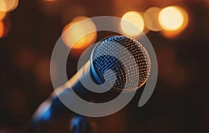A microphone is on a stand in front of an empty auditorium
