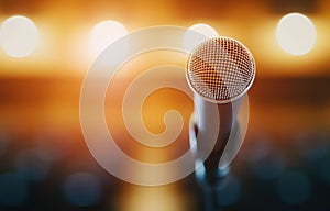 A microphone is on a stand in front of an empty auditorium