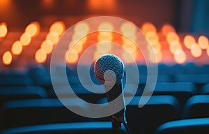 A microphone is on a stand in front of an empty auditorium