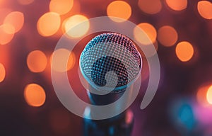 A microphone is on a stand in front of an empty auditorium