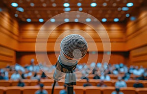 A microphone is on a stand in front of an empty auditorium