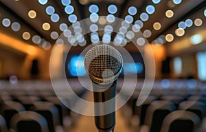 A microphone is on a stand in front of an empty auditorium