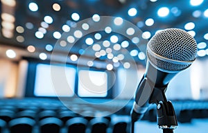 A microphone is on a stand in front of an empty auditorium