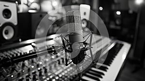 A microphone is on a stand in front of a keyboard