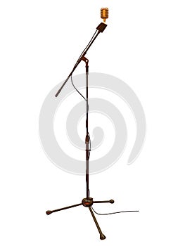 Microphone stand isolated on white. bronze vintage microphone isolated on white background