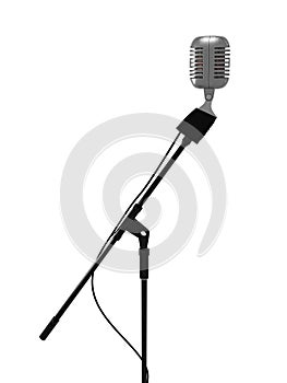 Microphone stand isolated on white. Metal vintage microphone isolated on white background