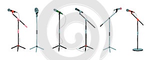 Microphone on stand. Mic instruments for concert stage performance, studio interview recording, broadcasting music audio