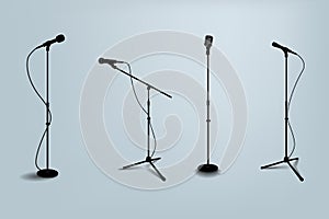 Microphone stand. Realistic mic tripod with wire. Karaoke and stage mike. Sing or interview in concert studio. Music