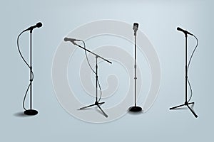 Microphone stand. Realistic mic tripod with wire. Karaoke and stage mike. Sing or interview in concert studio. Music photo
