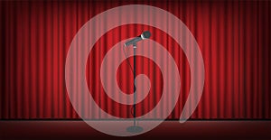 Microphone stand on stage red curtain background