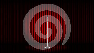 Microphone with stand on stage with red curtain and spot light, vector