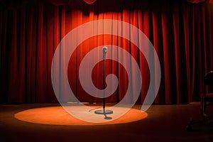 Microphone stand under a single spotlight. Stand up comedy. Stage of a club. Generative AI