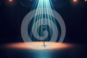 Microphone stand under a single spotlight. Stand up comedy. Stage of a club. Generative AI